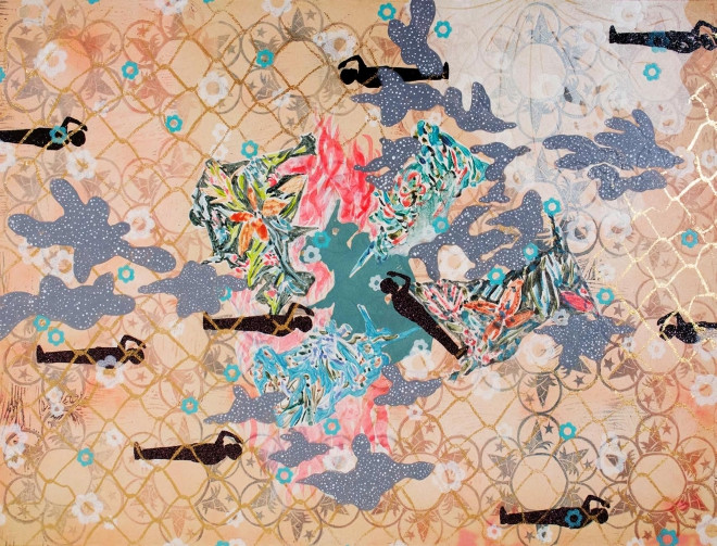 Sĩ số 40 #10, 2020, in khắc gỗ, in độc bản, in đóng dấu, in khuôn, sơn acrylic, kim tuyến, lá vàng trên giấy bìa