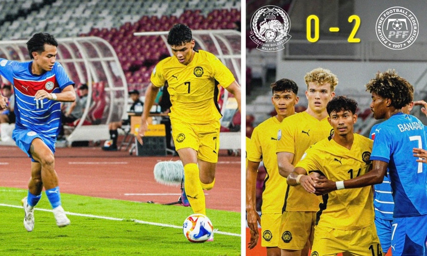 Malaysia (áo vàng) gây thất vọng khi thua đội hình toàn sinh viên của Philippines tại giải U23 Đông Nam Á 2025
