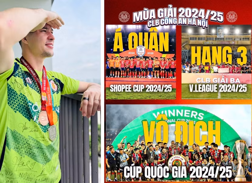 Thủ môn Nguyễn Filip (trái) hãnh diện khoe bộ sưu tập huy chương vàng-bạc-đồng sau mùa giải thành công trong màu áo CLB Công an Hà Nội Thủ môn Nguyễn Filip (trái) hãnh diện khoe bộ sưu tập huy chương vàng-bạc-đồng sau mùa giải thành công trong màu áo CLB Công an Hà Nội