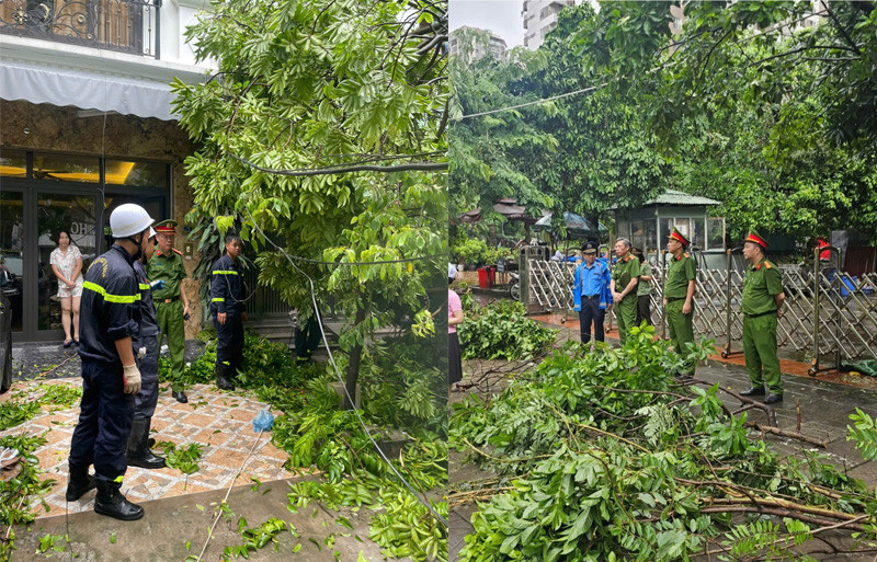 Chỉ huy Công an quận Cầu Giấy trực tiếp kiểm tra, chỉ đạo công tác khắc phục hậu quả sau mưa bão