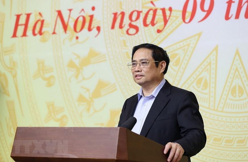 Thủ tướng Phạm Minh Chính, Trưởng ban Chỉ đạo quốc gia phòng, chống dịch Covid-19 phát biểu tại Phiên họp lần thứ 14 trực tuyến với các tỉnh, thành phố