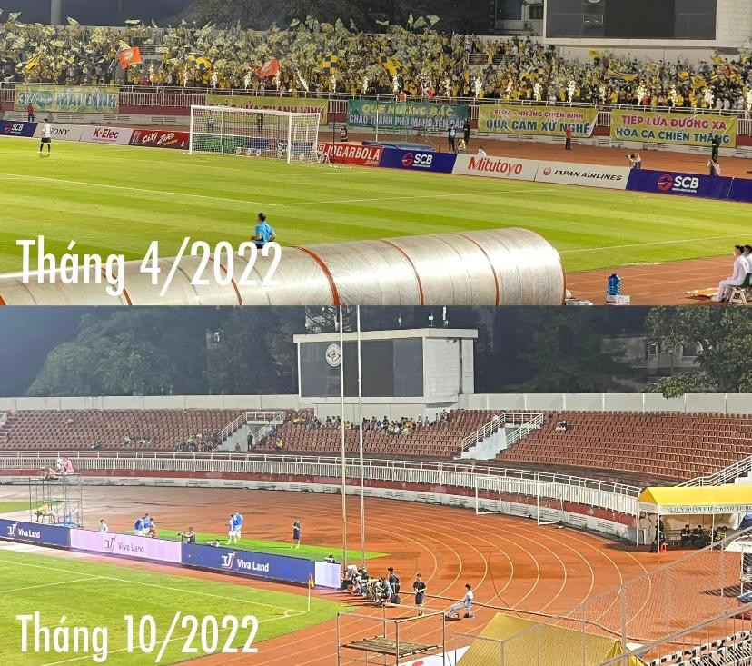 Khu vực dành cho cổ động viên SLNA trống vắng trận gặp TP.HCM (ảnh dưới) và đầy ắp khán giả khi chưa bị tẩy chay (Ảnh: Hội cổ động viên SLNA)