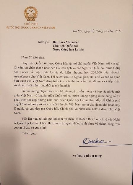 Chủ tịch Quốc hội Vương Đình Huệ có Thư cảm ơn Latvia nhượng lại vaccine cho Việt Nam Chủ tịch Quốc hội Vương Đình Huệ có Thư cảm ơn Latvia nhượng lại vaccine cho Việt Nam