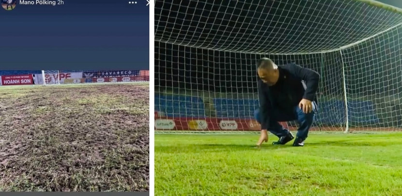 Hình ảnh mặt cỏ sân Hà Tĩnh được HLV Polking phản ánh (ảnh trái) và sau khi cải tạo