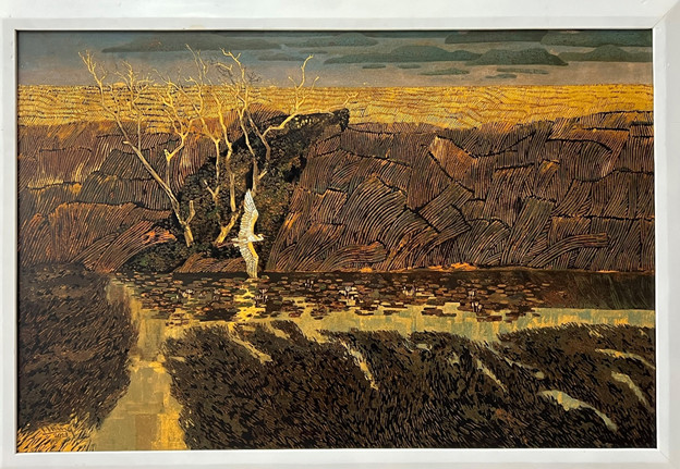 TÁC GIẢ: LÂM CHÍ TRUNG TÁC PHẨM: MỘT CÁNH CÒ CHẤT LIỆU: SƠN MÀI KÍCH THƯỚC: 120 X 80cm TÁC GIẢ: LÂM CHÍ TRUNG TÁC PHẨM: MỘT CÁNH CÒ CHẤT LIỆU: SƠN MÀI KÍCH THƯỚC: 120 X 80cm