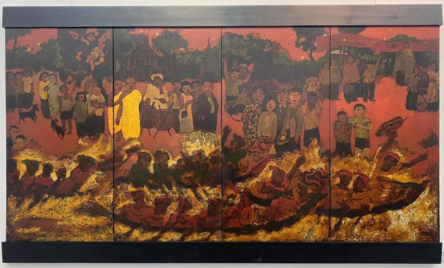 TÁC GIẢ: NGUYỄN VĂN MINH TÁC PHẨM: ĐUA GHE NGO CHẤT LIỆU: SƠN MÀI KÍCH THƯỚC: 240 x 120cm TÁC GIẢ: NGUYỄN VĂN MINH TÁC PHẨM: ĐUA GHE NGO CHẤT LIỆU: SƠN MÀI KÍCH THƯỚC: 240 x 120cm