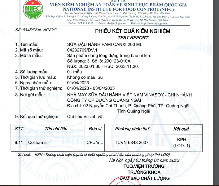 Kết quả kiểm định sữa đậu nành Vinasoy âm tính với vi khuẩn Coliforms Kết quả kiểm định sữa đậu nành Vinasoy âm tính với vi khuẩn Coliforms