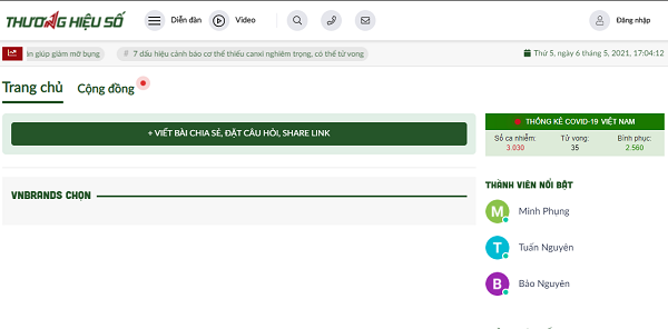 Giao diện mạng xã hội VNBrands.vn