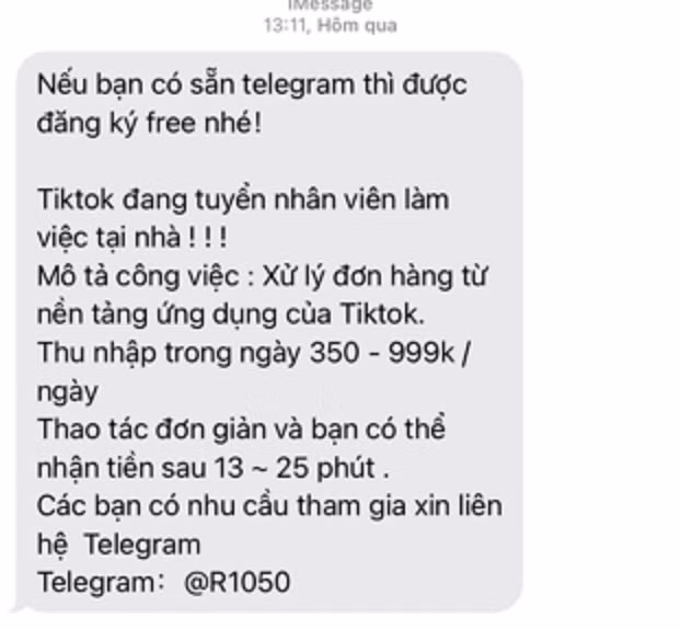 Tin nhắn lừa đảo trực tuyến rủ rê người dùng chuyển qua Telegram