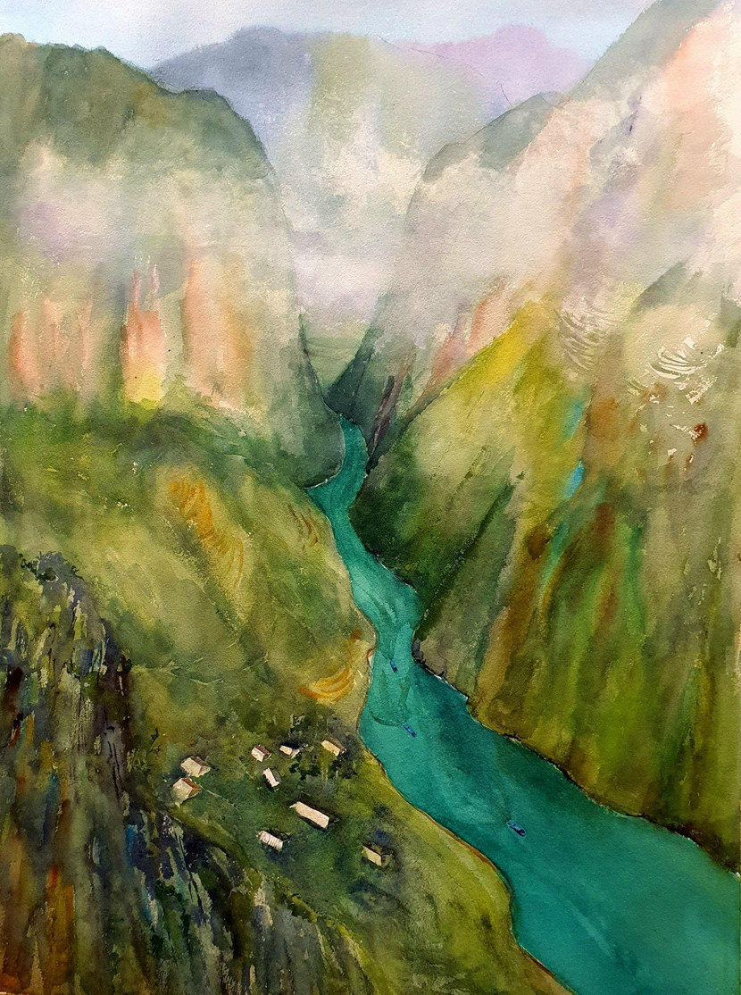 Hoạ sĩ : Nguyễn Ngọc Phương, tác phẩm "Bên sông Nho Quế", 56x76, màu nước, 2022.