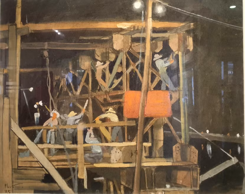 "Xây dựng lại Cầu rào sau chiến tranh" 1975. Bột màu. 50x41cm "Xây dựng lại Cầu rào sau chiến tranh" 1975. Bột màu. 50x41cm