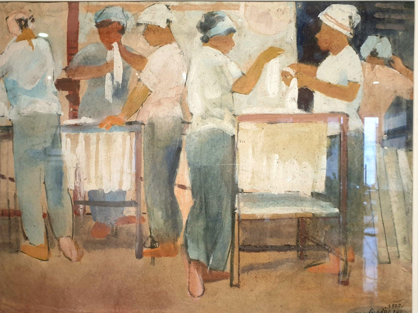 Tranh bột màu "Tổ sản xuất bánh mì"-họa sĩ Nguyễn Đăng Phú