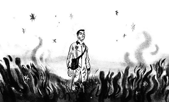 Tranh vẽ của Nguyễn Mỹ Anh về người lính đào ngũ trong vở diễn. Tranh vẽ của Nguyễn Mỹ Anh về người lính đào ngũ trong vở diễn.