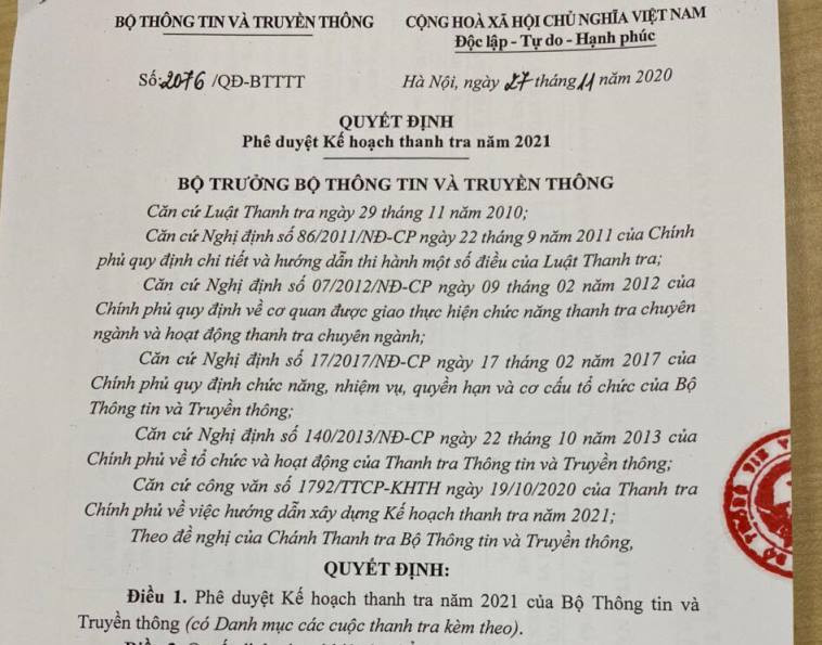 Ngoài công tác thanh tra theo kế hoạch, Bộ TT-TT sẽ thanh tra đột xuất một số đơn vị vi phạm