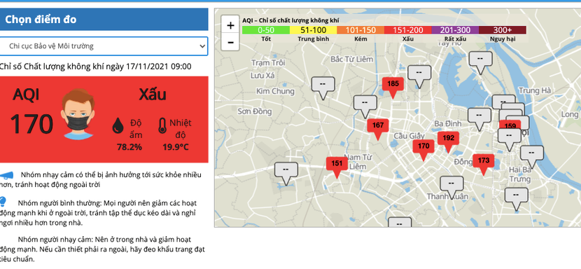 Thông qua Cổng thông tin quan trắc môi trường của UBND TP Hà Nội mức chỉ số trung bình đạt ngưỡng đỏ Thông qua Cổng thông tin quan trắc môi trường của UBND TP Hà Nội mức chỉ số trung bình đạt ngưỡng đỏ