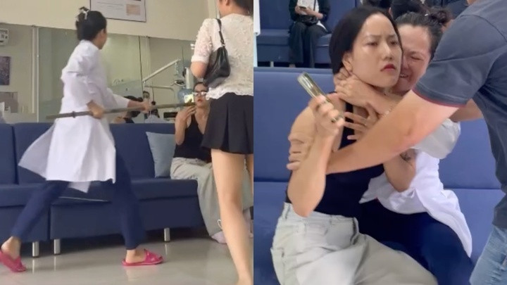 Hình ảnh cắt từ clip cho thấy nhân viên y tế bóp cổ, lấy gậy sắt đánh khách hàng.