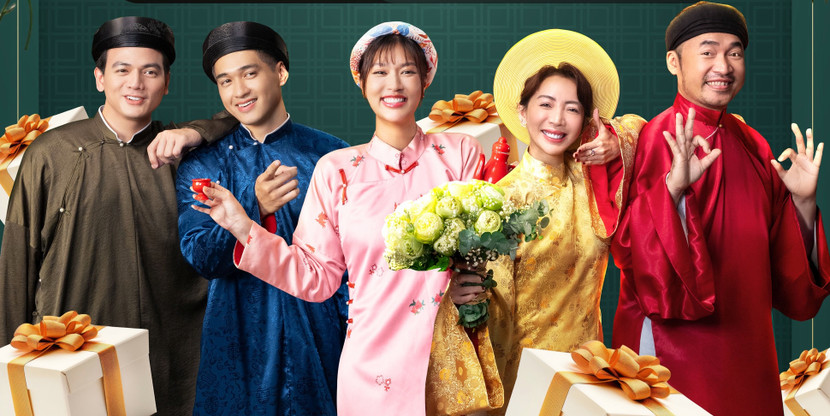 Hoa hậu Đoàn Thiên Ân (giữa) cùng dàn diễn viên phim “Nụ hôn bạc tỷ”