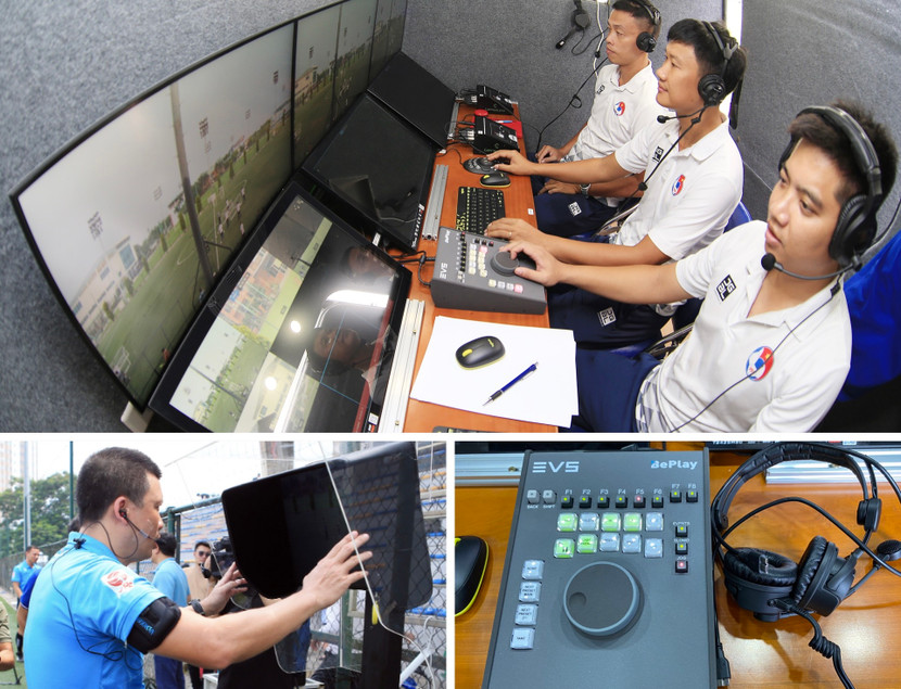 Các trọng tài, trợ lý Việt Nam trực tiếp làm việc với công nghệ VAR (Ảnh: VPF)