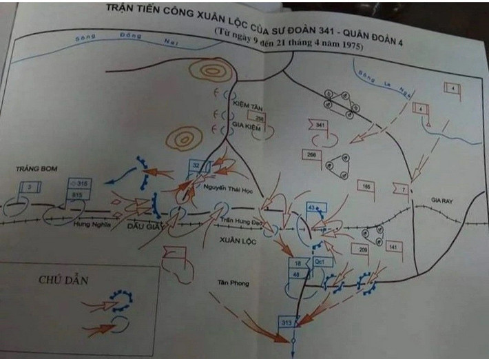 Phỏng lại bản đồ trận Xuân Lộc do trinh sát Đàm Duy Thiên, Trung đoàn 266, Sư đoàn 341, hoàn thiện. Nguồn: NVCC