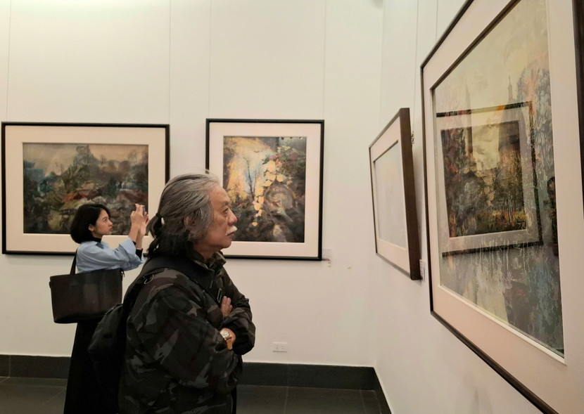 Người xem thưởng lãm tác phẩm tranh vải của nữ họa sĩ Thanh Thục