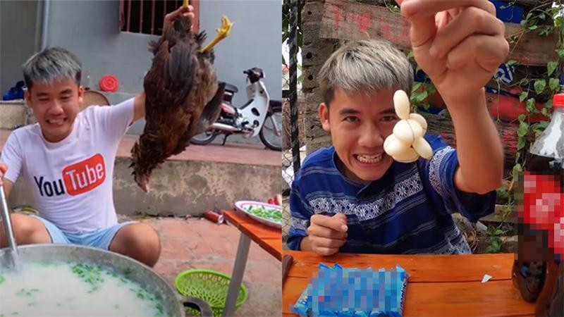 Hình ảnh nấu cháo gà nguyên lông của Hưng Vlog (con trai bà Tân Vlog)