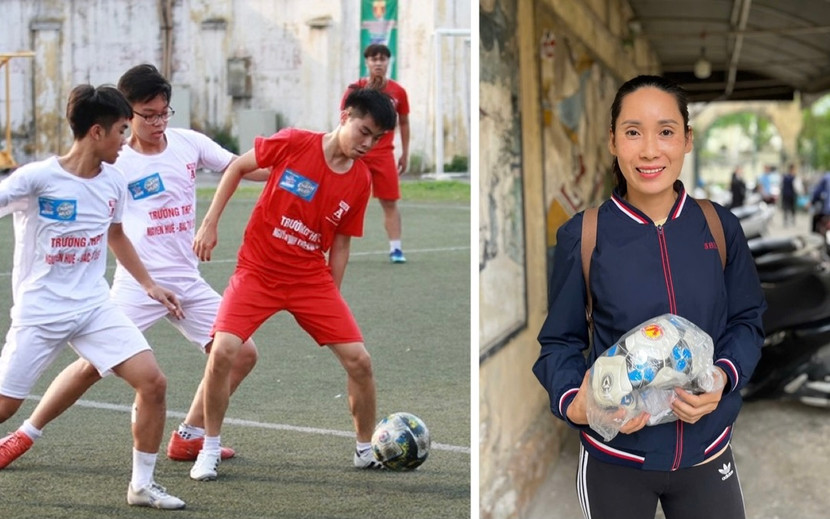 Cô Nguyễn Thị Hương có 14 năm gắn bó với màu áo THPT Nguyễn Bỉnh Khiêm dự giải bóng đá học sinh THPT Hà Nội - An ninh Thủ đô