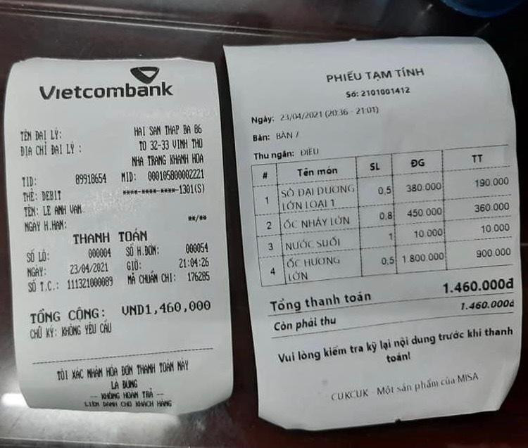 Hóa đơn thanh toán của khách hàng tố nhà hàng Bờ kè Tháp Bà 86 "chặt chém" du khách