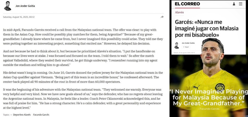 Bài báo trên tờ El Correo dẫn lời Facundo Garces để lộ nguồn gốc Malaysia của mình là từ cụ nội - không đủ điều kiện nhập tịch Malaysia theo quy định FIFA