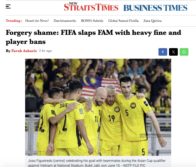 Truyền thông Malaysia xấu hổ, phẫn nộ trước hành động gian lận của đội nhà (Ảnh chụp màn hình)
