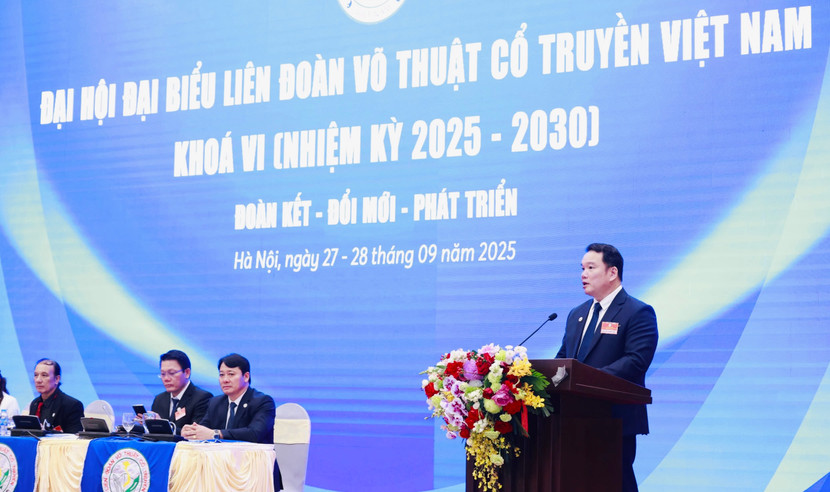 Chủ tịch Liên đoàn Võ thuật cổ truyền Việt Nam nhiệm kỳ VI Nguyễn Ngọc Anh phát biểu