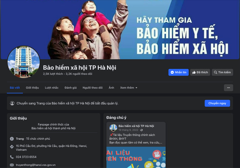BHXH TP Hà Nội chỉ có trang fanpage duy nhất tại: https://www.facebook.com/bhxhtphanoi