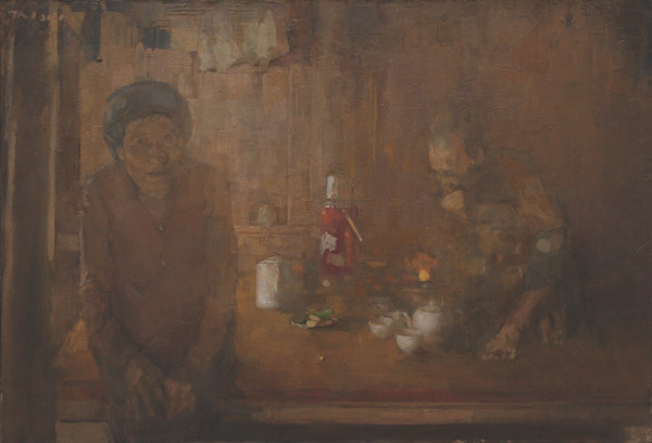 Phùng Quốc Trí (Hà Nội) – Ông hút thuốc, bà ăn trầu. Sơn dầu. 110×160. 2020. Giải Nhì