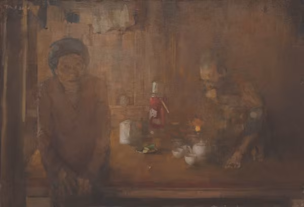 Phùng Quốc Trí (Hà Nội) – Ông hút thuốc, bà ăn trầu. Sơn dầu. 110×160. 2020. Giải Nhì