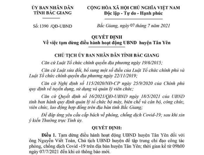 Quyết định tạm dừng hoạt động điều hành với Chủ tịch UBND huyện Tân Yên