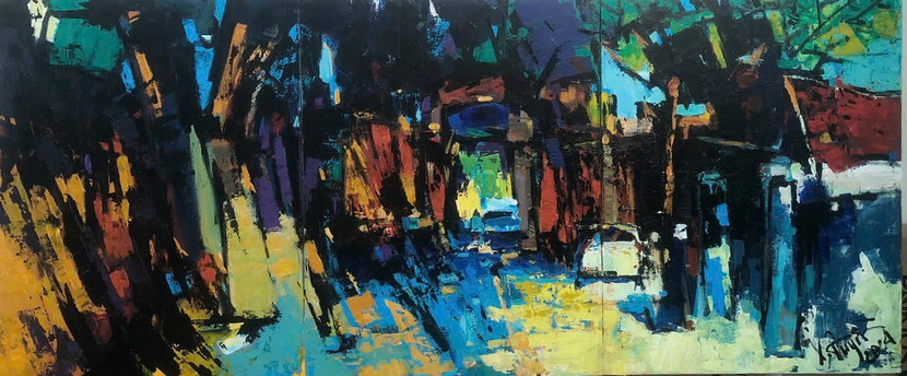 Tác phẩm "Đầu làng", acrylic, 210x90cm, họa sĩ Nguyễn Xuân Quyền Tác phẩm "Đầu làng", acrylic, 210x90cm, họa sĩ Nguyễn Xuân Quyền