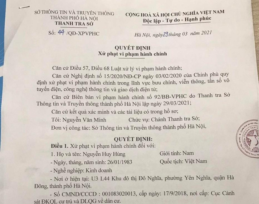 Quyết định xử phạt vi phạm hành chính đối với cá nhân đăng tin sai sự thật Quyết định xử phạt vi phạm hành chính đối với cá nhân đăng tin sai sự thật