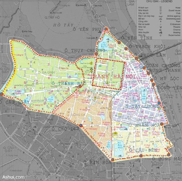 Bản đồ lồng ghép ranh giới Kinh thành lịch sử và bản đồ Thủ đô Hà Nội ngày nay