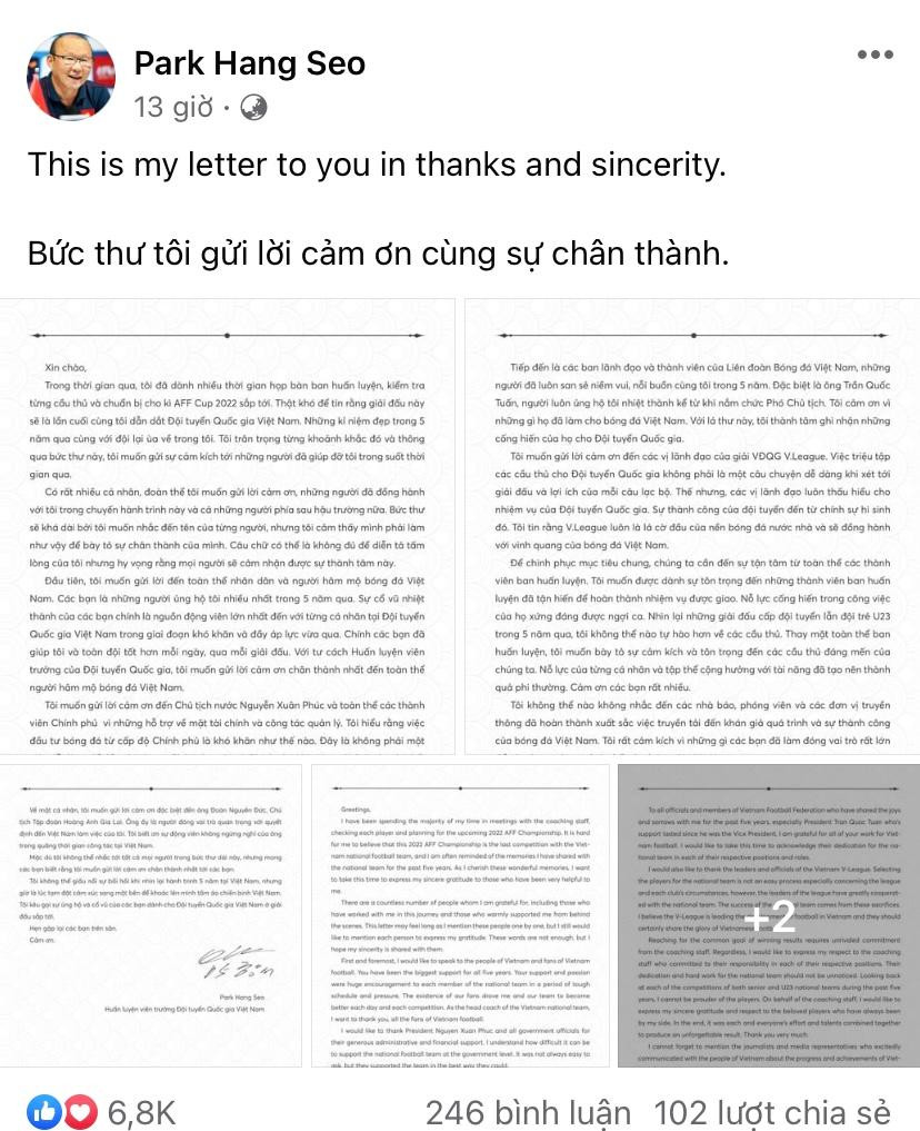 Thầy Park đăng tâm thư, gửi lời cám ơn mọi người trước khi bước vào trận đánh cuối - AFF Cup 2022 Thầy Park đăng tâm thư, gửi lời cám ơn mọi người trước khi bước vào trận đánh cuối - AFF Cup 2022