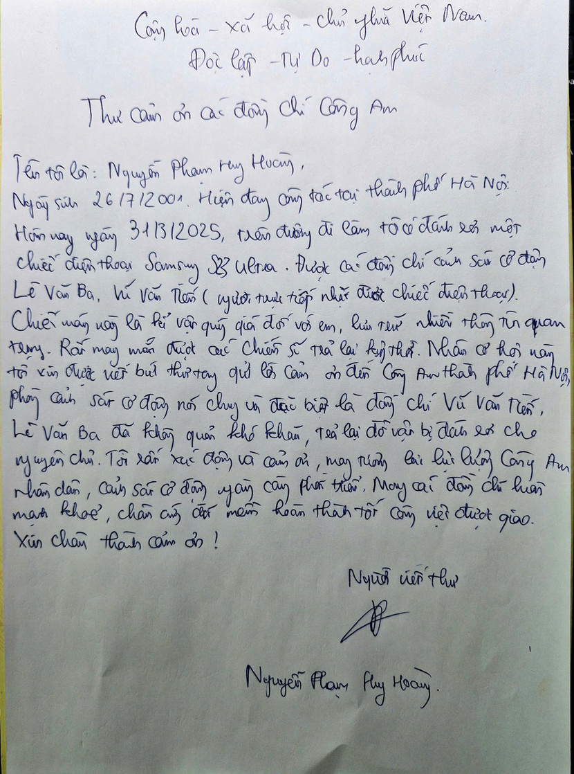Lá thư cảm ơn Phòng Cảnh sát Cơ động, Công an thành phố Hà Nội của anh Hoàng