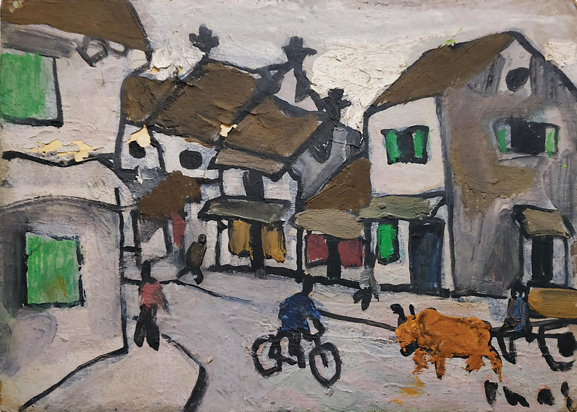 Street Scene with Cyclist and Bull-cart (Phố với người đi xe đạp và xe bò - ảnh), sơn dầu trên bìa cứng (15 x 21 cm), giá ước định 7.500 - 11.250 USD Street Scene with Cyclist and Bull-cart (Phố với người đi xe đạp và xe bò - ảnh), sơn dầu trên bìa cứng (15 x 21 cm), giá ước định 7.500 - 11.250 USD