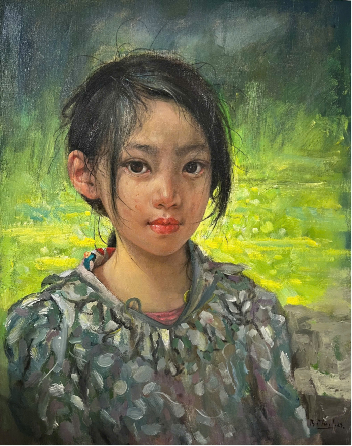 "Mùa hoa cải" của Bùi Văn Tuất được vẽ từ chuyến đi thực tế tại Hà Giang, với hình ảnh cô bé Mona Lisa Hà Giang, làm nổi bật vẻ đẹp mộc mạc và sâu sắc của người dân tộc nơi đây. Giá bán: 50 triệu đồng.