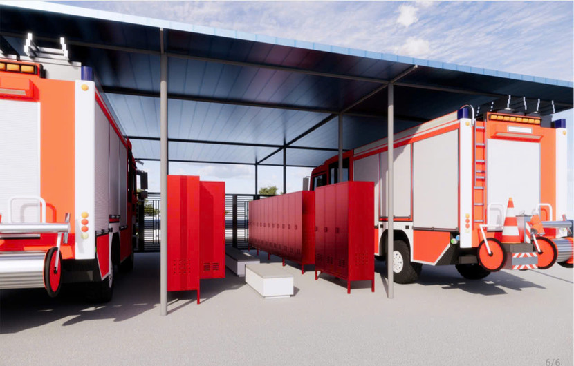 Tủ bảo quản trang phục thường trực chữa cháy và CNCH đặt ngay tại gara để xe chữa cháy của đơn vị Tủ bảo quản trang phục thường trực chữa cháy và CNCH đặt ngay tại gara để xe chữa cháy của đơn vị