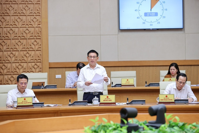 Bộ trưởng Bộ Tài chính Hồ Đức Phớc báo cáo tại phiên họp (Ảnh: VGP)