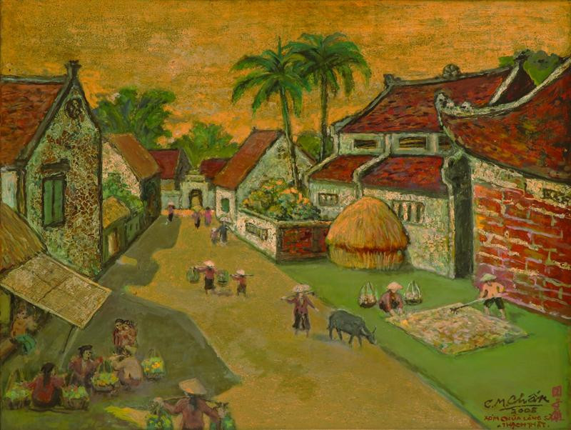 Bức tranh vẽ về xóm Chùa của họa sĩ Chu Mạnh Chấn