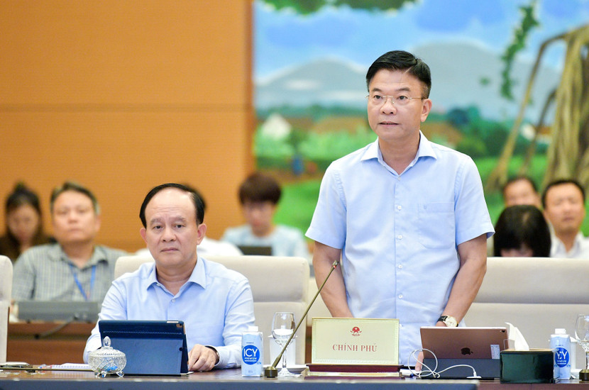 Phó Thủ tướng, Bộ trưởng Bộ Tư pháp Lê Thành Long phát biểu tại phiên họp