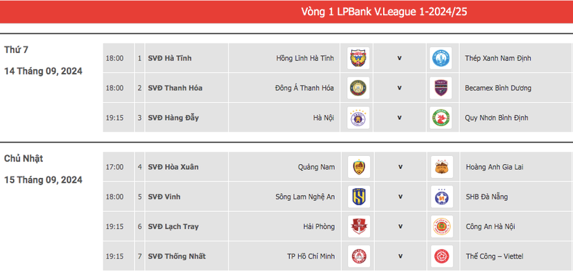 Lịch thi đấu vòng 1 V-League 2024/25 Lịch thi đấu vòng 1 V-League 2024/25