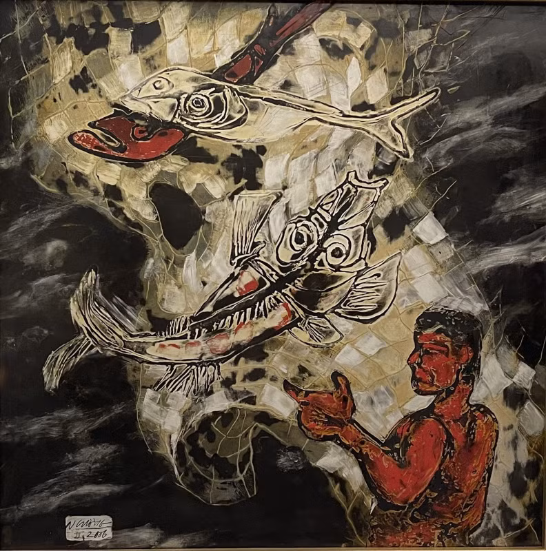 "Gầm ghè", sơn mài