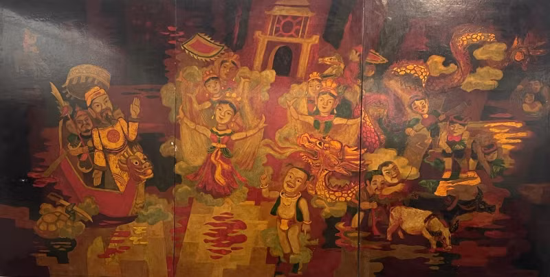 "Múa rối nước", sơn mài