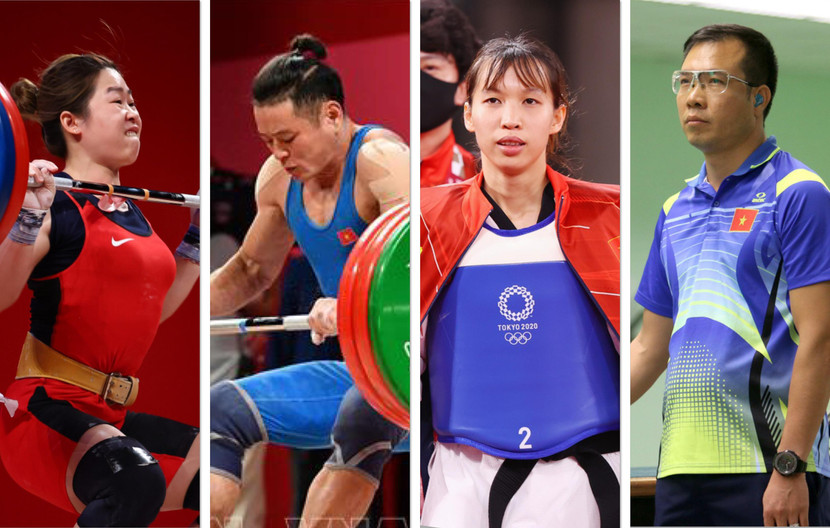 Từ trái qua: Bốn VĐV được kỳ vọng là Hoàng Thị Duyên, Thạch Kim Tuấn, Trương Thị Kim Tuyền và Hoàng Xuân Vinh đều không thể giúp Việt Nam có huy chương tại Olympic Tokyo.
