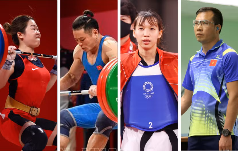 Từ trái qua: Bốn VĐV được kỳ vọng là Hoàng Thị Duyên, Thạch Kim Tuấn, Trương Thị Kim Tuyền và Hoàng Xuân Vinh đều không thể giúp Việt Nam có huy chương tại Olympic Tokyo.